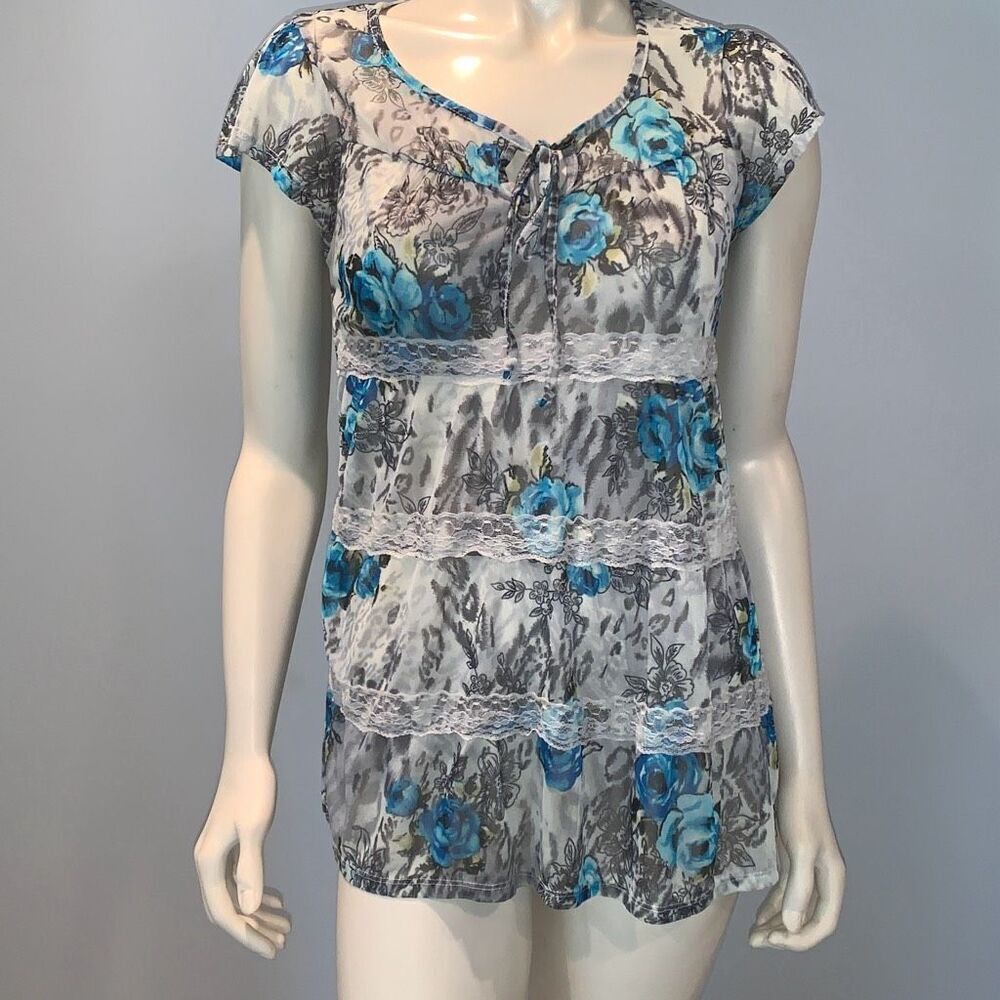 Vintage 90’s Y2K Self Esteem Sheer Chiffon Tiered‎ Lace Babydoll Top Size Large